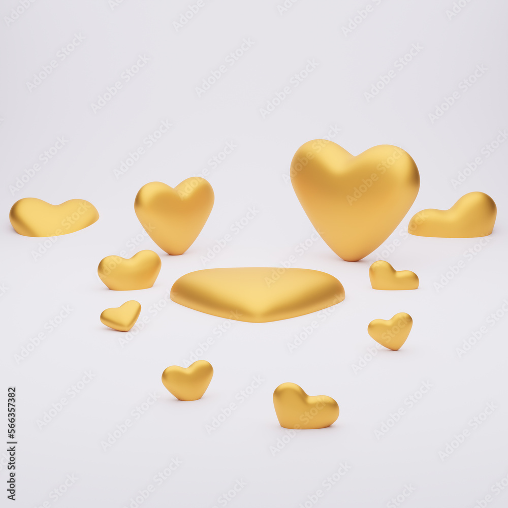 Minimal style scene with gold hearts and heart shaped podium for product presentation on white. Love concept for happy Valentine's day, wedding, Women's or Mother's day. 3d render illustration. Minimal style scene with gold hearts and heart shaped podium for product presentation on white. Love concept for happy Valentine's day, wedding, Women's or Mother's day. 3d render illustration.
