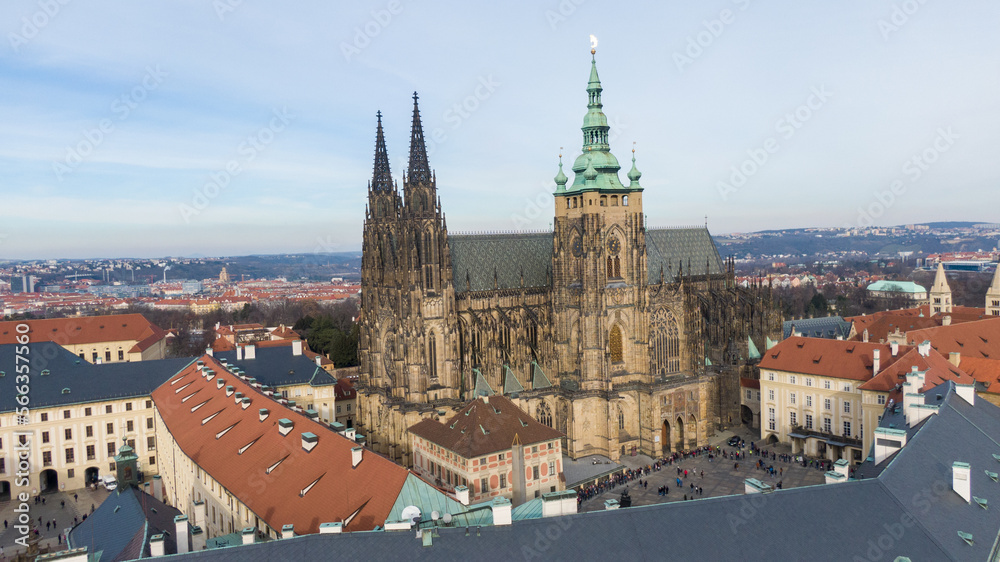 Aerial view of River and buildings in Old Town of Prague, Czech Republic. Drone photo high angle view of City