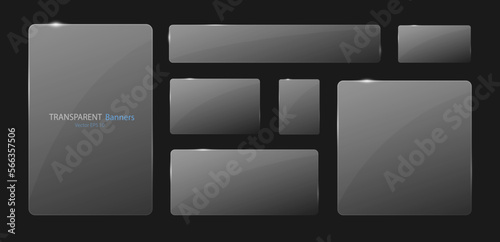 A set of transparent banners on a blue background. Vector illustration. Glass banners with highlights in the style of glassmorphism.