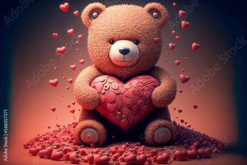 Romantic Teddy Bear holding a heart, surrounded by floating hearts.