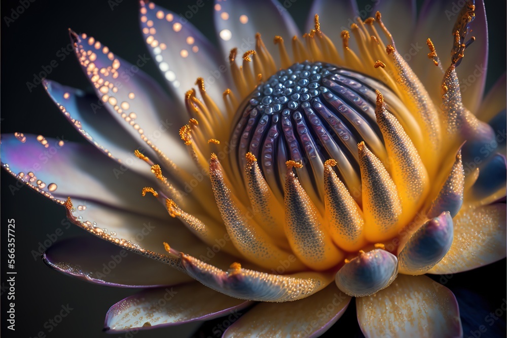 a close up of a purple and yellow flower with water droplets on it's petals and a black background with a white center and yellow center. generative ai a close up of a purple and yellow flower with water droplets on it's petals and a black background with a white center and yellow center. generative ai