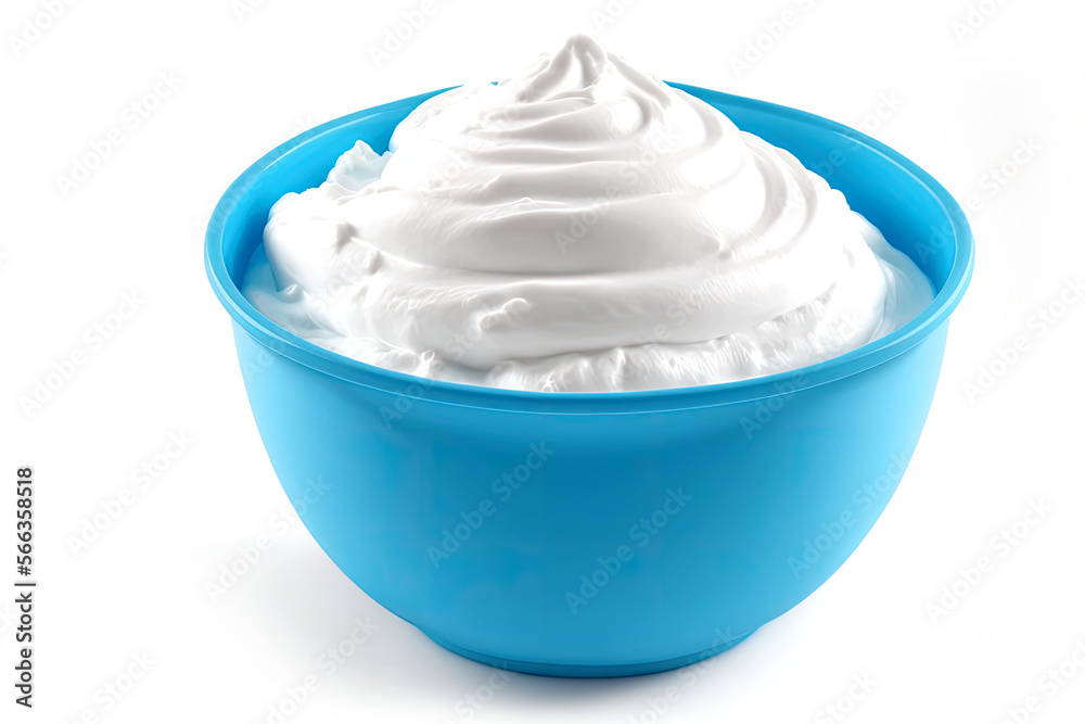 Fresh greek yogurt in a blue bowl isolated on white background Fresh greek yogurt in a blue bowl isolated on white background