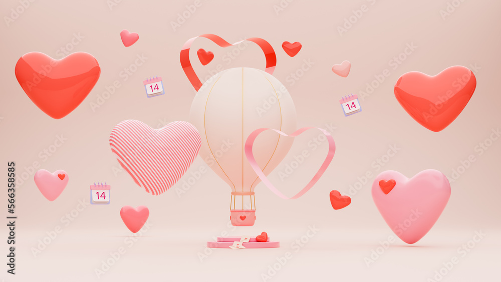 Hot air balloon surrounded by colorful hearts and calendars on beige background. Envelopes on podium under balloon. 3d render illustration. Concept for happy Valentine's day. Colorful style scene.