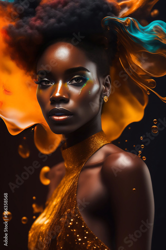Generative AI abstract multicolored painting of beautiful African woman. Orange color. Fashion and beauty concept