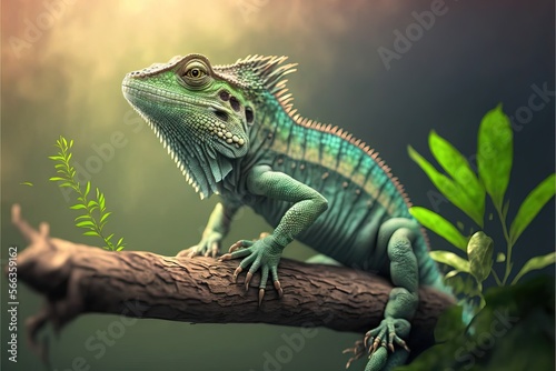  a green lizard sitting on top of a tree branch next to a leafy tree branch in a forest with green leaves and a yellow sky background.  generative ai © Shanti