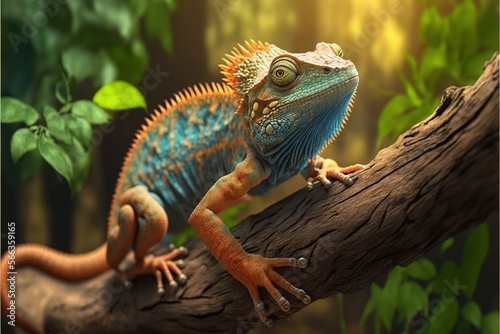  a lizard is sitting on a branch in a forest with green leaves and a bright light shining on it s back end and head.  generative ai