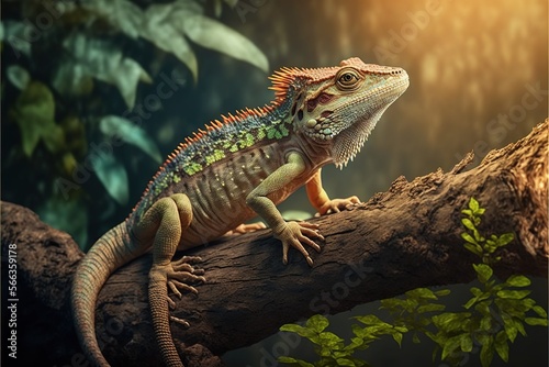  a lizard sitting on a tree branch in a jungle setting with leaves and plants around it  with a bright light shining on the background.  generative ai