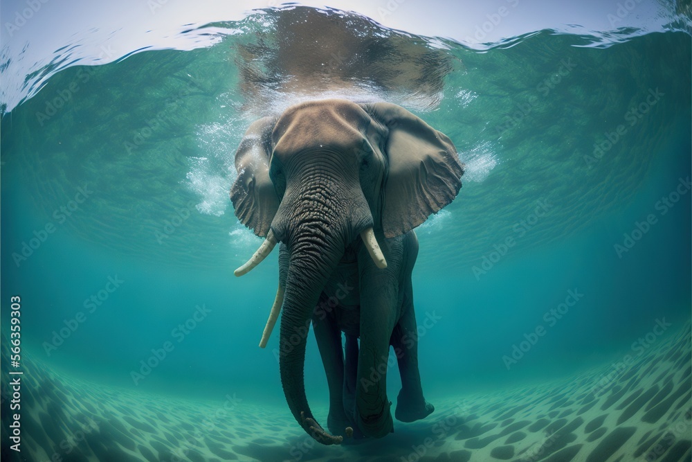  an elephant is swimming in the water with its trunk in the air and it's head above the water's surface, with its trunk in the air.  generative ai