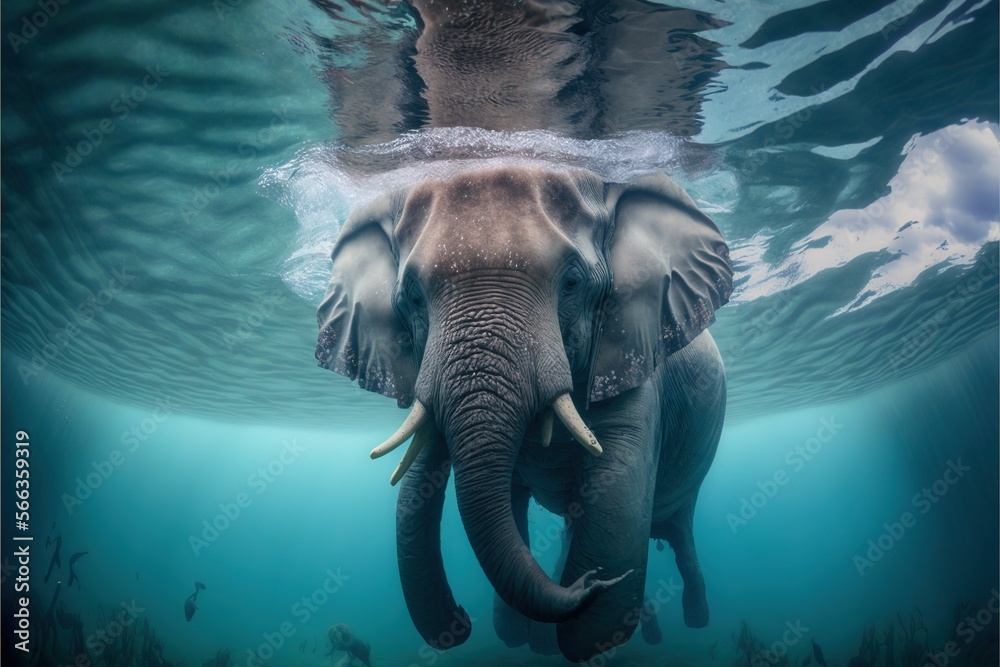 an elephant swimming in the water with its trunk under the water's