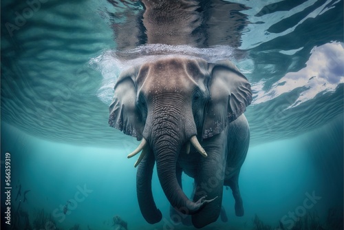  an elephant swimming in the water with its trunk under the water's surface and its head above the water surface, with a sky and clouds in the background.  generative ai © Shanti