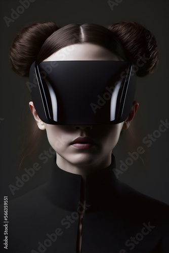 Woman wearing futuristic black VR or Virtual Reality head set, minimalist, Generative Ai. © hutangach
