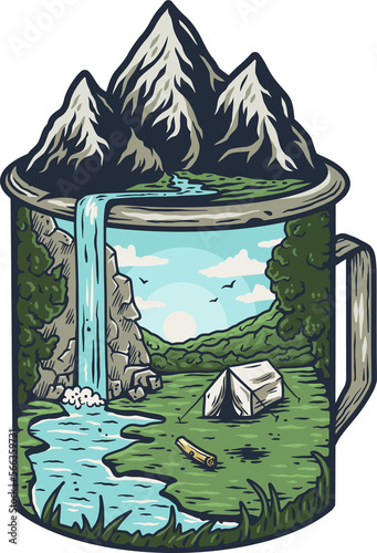 Nature camping landscape print. Outdoor terrain with mountain, waterfall in mug for t-shirt design. Beautiful adventure, wanderlust or explore photo