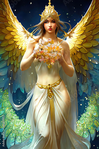 Angel with wings and gold ornaments, beautiful woman as and angelic realistic 3d illustration. Generative AI.