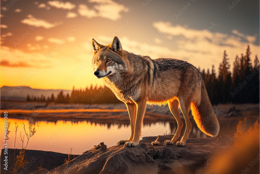 a wolf standing on top of a rock next to a lake at sunset with a forest in the background and clouds in the sky above. generative ai a wolf standing on top of a rock next to a lake at sunset with a forest in the background and clouds in the sky above. generative ai