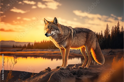  a wolf standing on top of a rock next to a lake at sunset with a forest in the background and clouds in the sky above.  generative ai