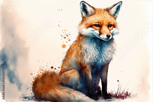 Cute fox sitting watercolor, Generative AI © gridspot
