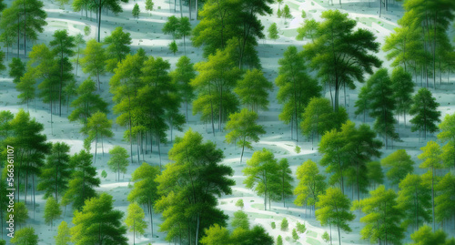 lush green trees on a snowy mountain backdrop seamless tileable pattern generative ai