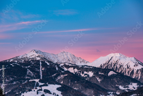 Sunset above the city of Ehrwald  Tyrol  Austria  during winter