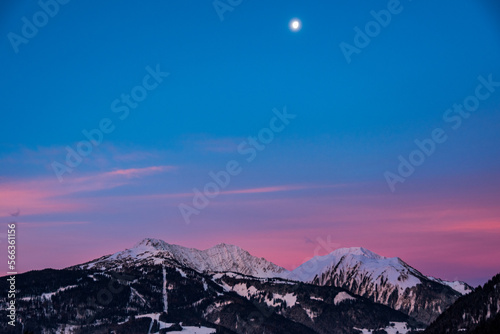 Sunset above the city of Ehrwald (Tyrol, Austria) during winter