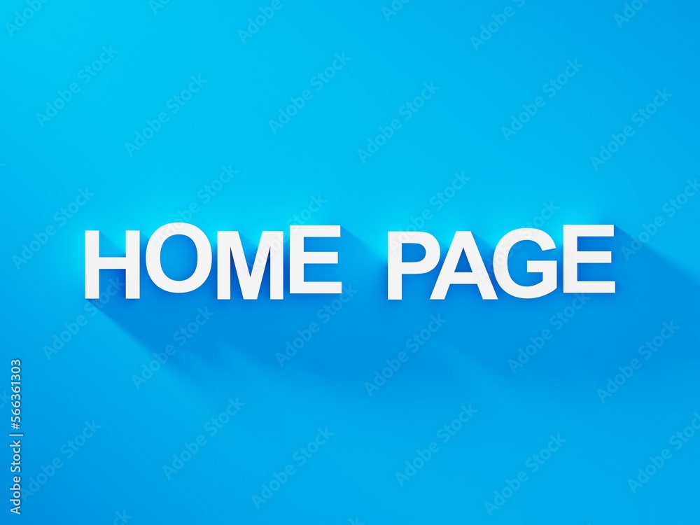 Home page white text word on blue background with soft shadow, web page banner start landing page