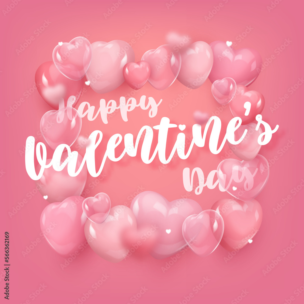 Happy Valentine's Day poster with frame of pink realistic glossy and clear, transparent hearts. Vector illustration for discount card, party, design, flyer, poster, decor, banner, web, advertising. Happy Valentine's Day poster with frame of pink realistic glossy and clear, transparent hearts. Vector illustration for discount card, party, design, flyer, poster, decor, banner, web, advertising.