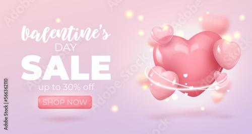 SALE banner Happy Valentine's Day with pink and glass realistic glossy hearts, bokeh, lights. Vector illustration for card, party, design, flyer, poster, decor, banner, web, advertising. 