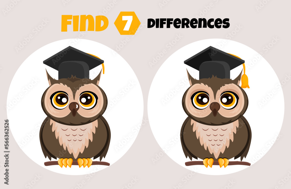 Find 7 differences between owls. Children's riddle and puzzle. Education. The development of mindfulness. Vector stock illustration. isolated. A cute animal sits on a branch. Beige background
