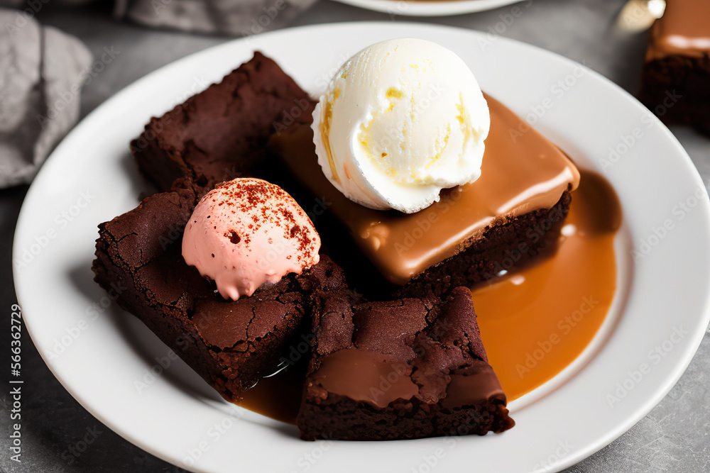 Stack of brownie squares with scoop of ice cream and caramel Stack of brownie squares with scoop of ice cream and caramel
