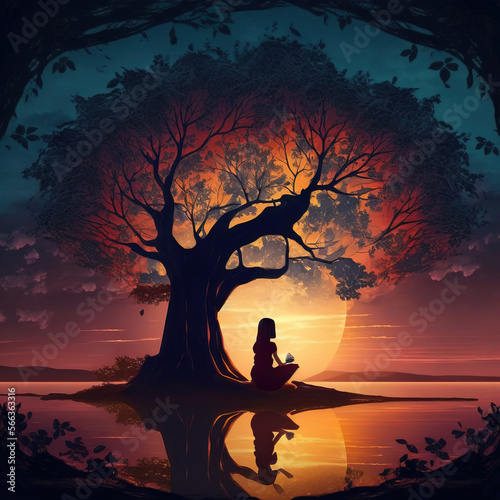 girl sitting under a big green tree, Generative AI