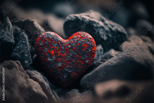 Red heart stone on black stones background