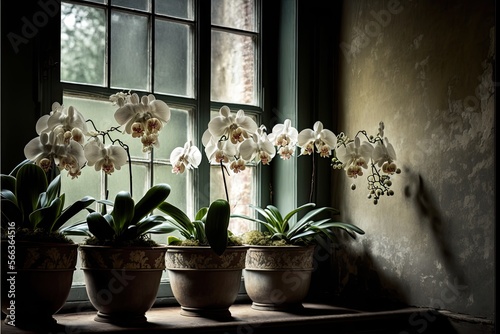 A windowsill display of potted moth orchids  symbolizing beauty and serenity generative ai