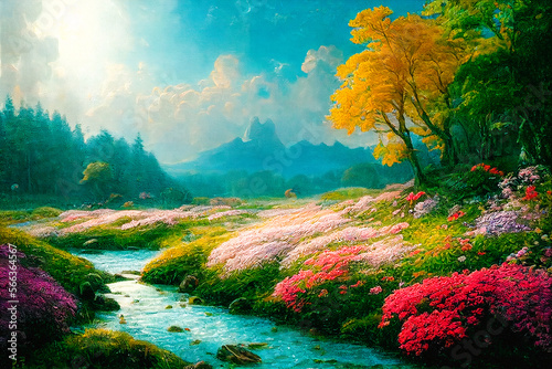 Impressionist landscape with a flowing river, banks in flowers, with mountains and a forest in the background on a sunny day Generative AI