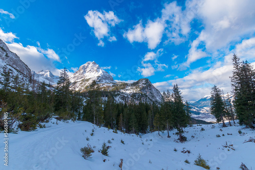 Snow-covered mountain range with a majestic massif during winter in Ehrwald, Tyrol, Austria photo