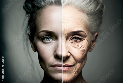 a comparison of a fictional person, comparison between old and young, close up of the face, adult woman and old woman. Generative AI photo
