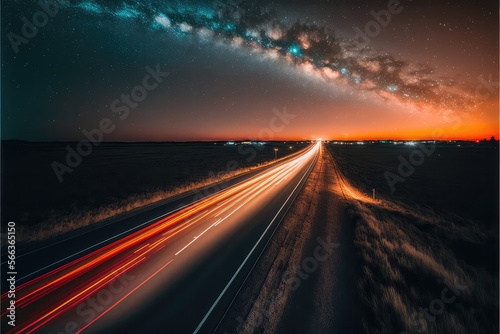 Long exposure car lights with milky way