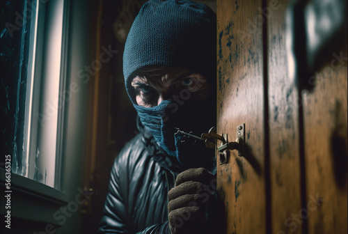Canvas Print a burglar breaks in, the hooded man wears a balaclava as a mask and cannot be identified, quiet entry through a broken door