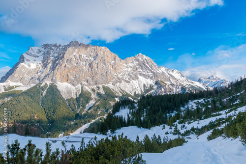 Enchanted Winter Trail: Sunlit Journey through the Forest with a Majestic View of Zugspitze Massif © Franziska Brueckmann