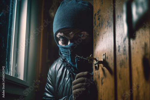 Canvas Print a burglar breaks in, the hooded man wears a balaclava as a mask and cannot be id