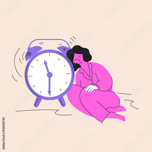 Alarm clock call in the morning. Sleeping woman near the ringing alarm clock. Сartoon character. Lazy awakening. Girl leaned against the clock