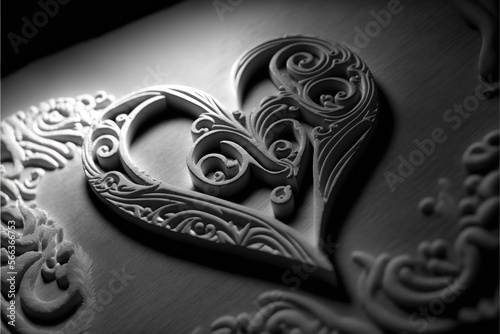 Black and white carved heart. Romance and love concept. Valentine's Day card. Generative ai.