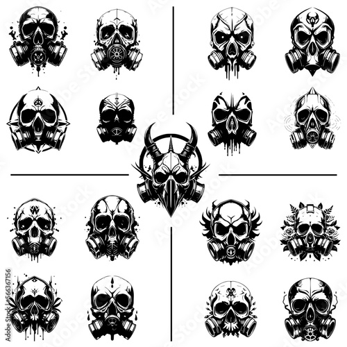 Set of black skulls wearing gas mask on transparent background. Design element for clothing, logo, poster, label, sign