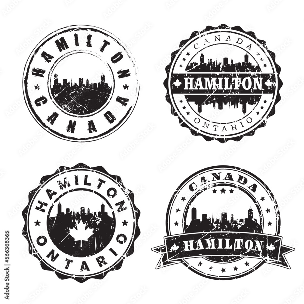 Hamilton Ontario Stamp Skyline Postmark. Silhouette Postal Passport. City Round Vector Icon Set. Vintage Postage