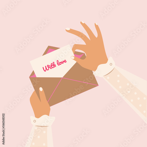 Female hands holding envelope and handwritten letter. Valentine's day greeting card. Illustration with woman hands, envelope and letter. Vector illustration.