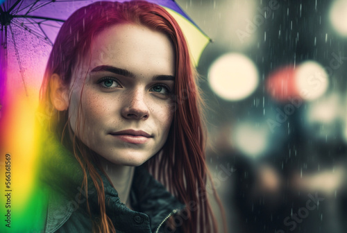 a young woman with red hair and colorful umbrella in the rain, rainy weather at evening or night and in the background urban