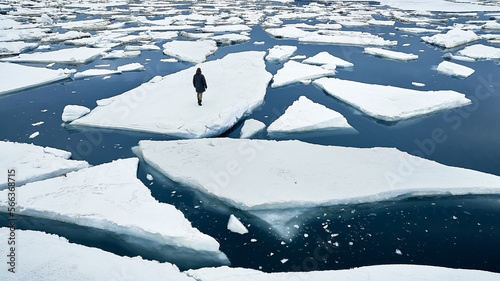 Brave traveler carried to the sea on a torn ice floe waiting for rescue admires the beauty of wildlife