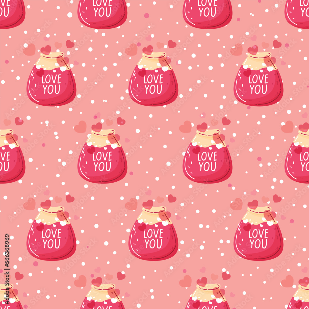 Vector romantic love background with love elixir with hearts and pink flowers. Happy Valentine's Day. Pink pastel design, pattern for website, print on fabric, postcards, bedding, children's clothing. Vector romantic love background with love elixir with hearts and pink flowers. Happy Valentine's Day. Pink pastel design, pattern for website, print on fabric, postcards, bedding, children's clothing.