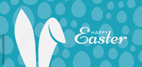 Happy Easter. Banner, poster, greeting card with typography, bunny ears, and eggs. Vector illustration.
