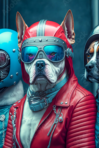 Dogs biker gang, dressed in red and blue retro latex jumpsuits Generative AI 