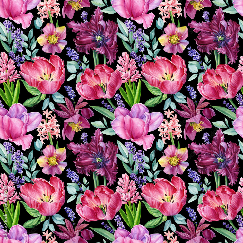 Beautiful seamless pattern with watercolor flowers peonies, tulips, lavender, flora wallpaper Beautiful seamless pattern with watercolor flowers peonies, tulips, lavender, flora wallpaper