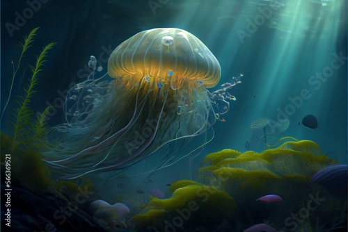Realistic jellyfish and vegetation inhabit the underwater realm. Generative AI © Pixel Matrix